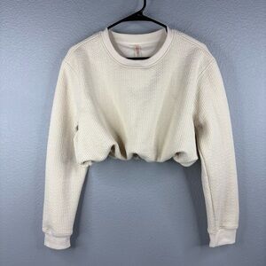 Mono B Waffle Cropped Cinched Waist Oatmeal Sweater
